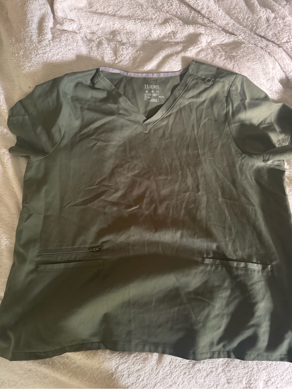 Hanes Olive Green V-Neck Scrub Top and pants set.